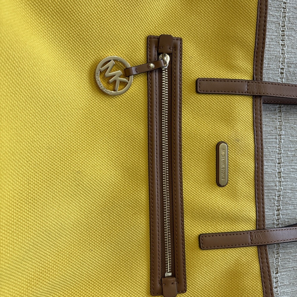 Michael Kors Jetset Bright Yellow Canvas With Brown Trim